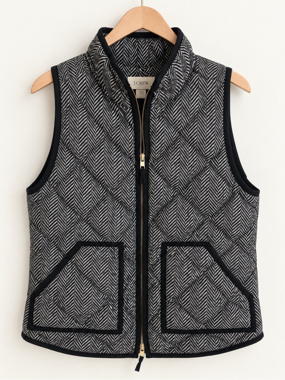 J. Crew Black & White Herringbone Quilted Vest with Gold Zip